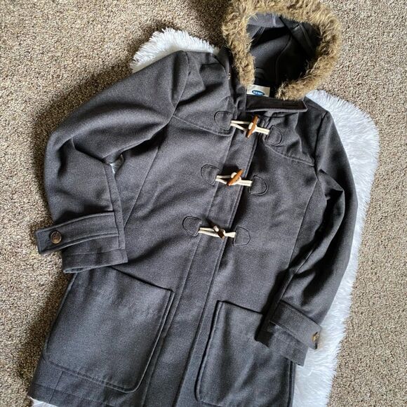 Old Navy Toggle Winter Coat Faux Fur Hooded Gray Size Small - Picture 1 of 11